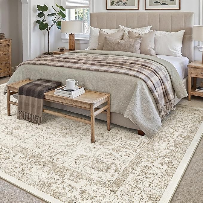 Light Brown Area Rug 5x8 Machine Washable Vintage Living Room Distressed Non Slip Carpet Traditional Indoor Bedroom Retro Floral Accent Throw Large Rug Office Kitchen Bathroom Dining Room