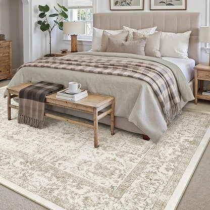 Light Brown Area Rug 6x9 Machine Washable Vintage Living Room Distressed Non Slip Carpet Traditional Indoor Bedroom Retro Floral Accent Throw Large Rug for Office Kitchen Dining Room