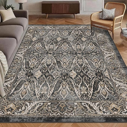 Washable Area Rug 9' x 12' Vintage Traditional Persian Mat - Foldable Distressed Non-Slip Machine Washable Carpet for Living Room Bedroom Kitchen Home Decor - Ebony and Taupe