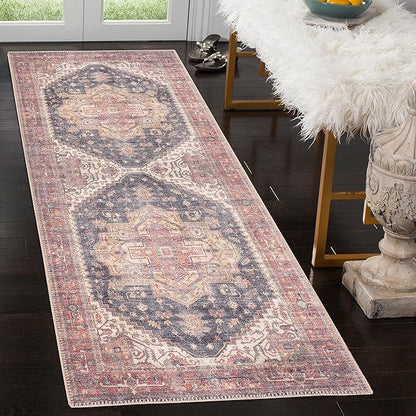 GLN Rugs Traditional Collection - Machine Washable Area Rug, Traditional Washable, Non Slip, Low Pile Chenille Rug, Living Room, Bedroom, Kitchen Rug (2'6" x 7' Black/Terra)