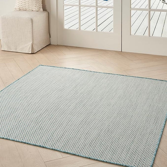 Nourison Home Courtyard Ivory Aqua 5' x Square Area Rug - Easy Clean, Non Shedding, Bed Room, Living Room, Dining Room, Kitchen (5' x Square)