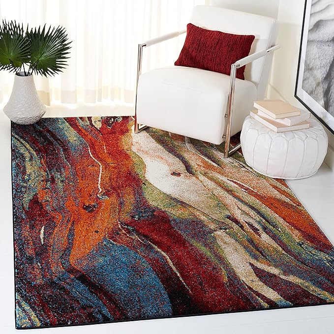 SAFAVIEH Glacier Collection Area Rug - 7'8" Square, Red & Multi, Modern Abstract Design, Non-Shedding & Easy Care, Ideal for High Traffic Areas in Living Room, Bedroom (GLA126A)