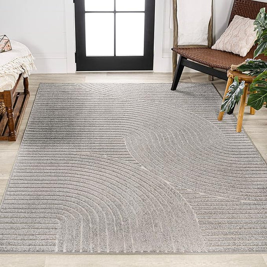JONATHAN Y Hallie High-Low Curve Gray/Ivory Indoor/Outdoor Area Rug, 4x6, Minimalist, Pet Friendly, Non-Shedding, Stain Resistant, Hose-Washable for Backyard, Patio, Porch (SCN100A-4)