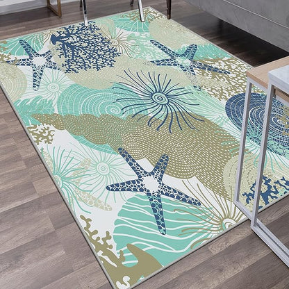 Tritard Coastal Area Rugs Nautical Beach Themed Non-Slip Machine Washable Rugs Modern Floor Carpet for Living Room Bedroom, 8x10, Navy