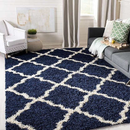SAFAVIEH Dallas Shag Collection Area Rug - 10' Square, Navy & Ivory, Trellis Design, Non-Shedding & Easy Care, 1.5-inch Thick Ideal for High Traffic Areas in Living Room, Bedroom (SGD257N)