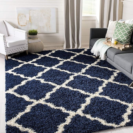 SAFAVIEH Dallas Shag Collection Area Rug - 10' Square, Navy & Ivory, Trellis Design, Non-Shedding & Easy Care, 1.5-inch Thick Ideal for High Traffic Areas in Living Room, Bedroom (SGD257N)