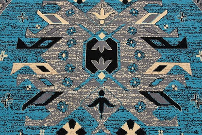 Unique Loom Taftan Collection Border Geometric Tribal Inspired Design Area Rug (8' 0 x 8' 0 Round, Turquoise/ Gray)