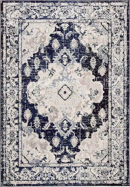 SAFAVIEH Monaco Collection Accent Rug - 4' x 5'7", Ivory & Navy, Boho Medallion Distressed Design, Non-Shedding & Easy Care, Ideal for High Traffic Areas in Entryway, Living Room, Bedroom (MNC243C)