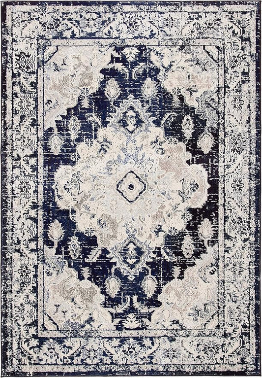 SAFAVIEH Monaco Collection Accent Rug - 4' x 5'7", Ivory & Navy, Boho Medallion Distressed Design, Non-Shedding & Easy Care, Ideal for High Traffic Areas in Entryway, Living Room, Bedroom (MNC243C)