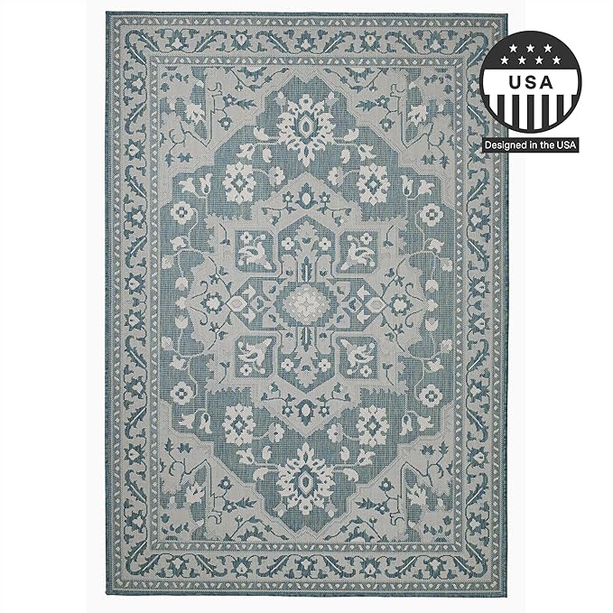 FH Home Flat Woven Outdoor Rug - Waterproof, Easy to Clean, Stain Resistant - Premium Polypropylene Yarn - Vintage - Patio, Deck, Porch, Balcony, Laundry - Shiraz - Ocean - 3ft 11 in x 5ft 6in