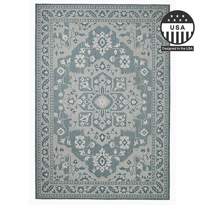 FH Home Flat Woven Outdoor Rug - Waterproof, Easy to Clean, Stain Resistant - Premium Polypropylene Yarn - Vintage - Large Patio, Deck, Sunroom - Shiraz - Ocean - 7ft 10 in x 10ft 9in