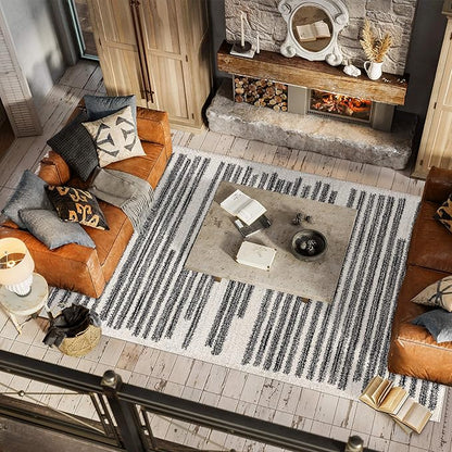 JONATHAN Y Khalil Modern Berber Stripe Cream/Black Indoor Area Rug, 4x6, Contemporary, Bohemian, Easy-Cleaning for Living Room, Bedroom, Kitchen, Pet Friendly, Non-Shedding (MOH207A-4)