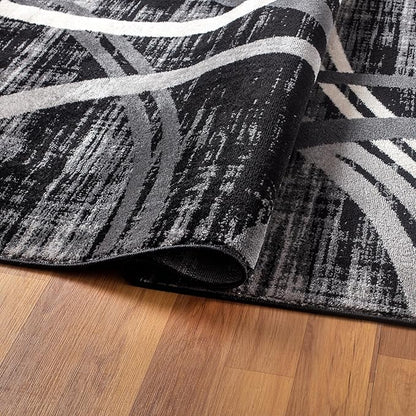 Rugshop Modern Wavy Circles Design Area Rug, Carpet with Jute Backing for Living Room, Dining Room, or Office, Black, 7'10" x 10'2"