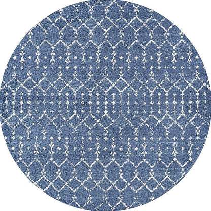 JONATHAN Y Boho Vintage Diamond Blue/White Round Area Rug 5 ft, Moroccan Hype for Living Room, Bedroom, Kitchen, Office, Easy-Cleaning, High Traffic, Pet-Friendly, Non-Shedding (MOH101A-5R)