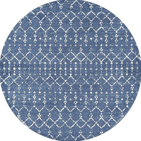 JONATHAN Y Boho Vintage Diamond Blue/White Round Area Rug 5 ft, Moroccan Hype for Living Room, Bedroom, Kitchen, Office, Easy-Cleaning, High Traffic, Pet-Friendly, Non-Shedding (MOH101A-5R)