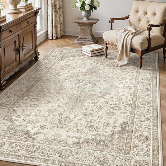 HUGEAR 3x5 Entryway Area Rug Vintage Brown Small Rug Machine Washable Door Mat Neutral Floral Low Pile Carpet Vacuumable Thin Throw Rug Entrance Kitchen Bedroom Bathroom Non Slip Lightweight