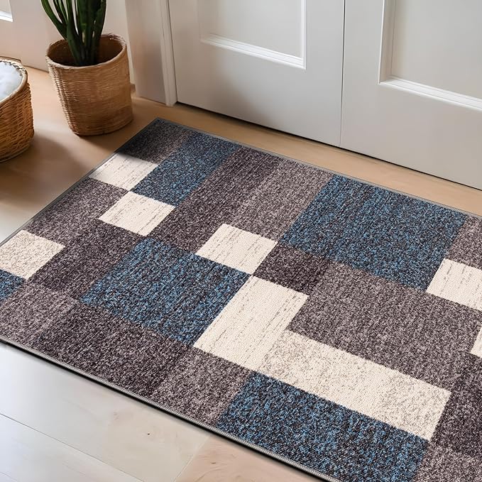 Rugshop Modern Boxes Design Non-Slip (Non-Skid) Carpet Mat Area Rug for Entryway,Door Rug,Kitchen 2'7" x 4' Blue