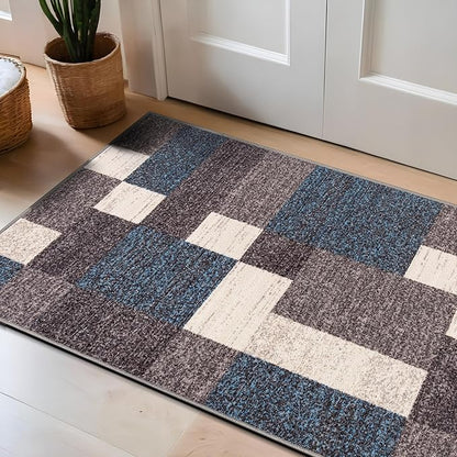 Rugshop Modern Boxes Design Non-Slip (Non-Skid) Carpet Mat Area Rug for Entryway,Door Rug,Kitchen 2'7" x 4' Blue
