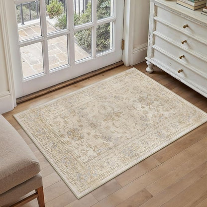 HUGEAR 2x3 Entryway Rug Retro Beige Small Area Rug Machine Washable Door Mat Vintage Floral Low Pile Carpet Vacuumable Distressed Throw Rug Entrance Kitchen Bathroom Bedroom Non Slip Lightweight