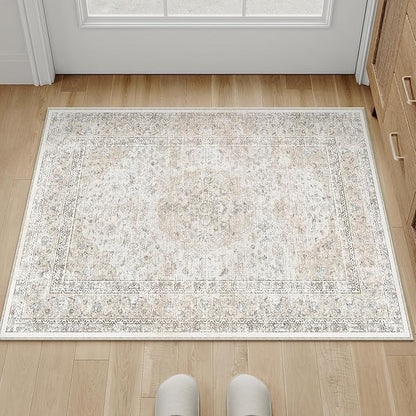 2x3 Washable Vintage Area Rug for Living Room Bedroom Beige Grey Soft Tranditional Non Slip Thin Throw Rug Lightweight Floral Low Pile Distressed Doormat Entrance Dining Laundry Room Kitchen