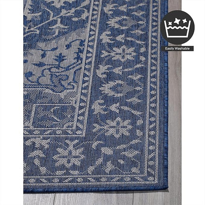 FH Home Flat Woven Outdoor Rug - Waterproof, Easy to Clean, Stain Resistant - Premium Polypropylene Yarn - Vintage - Patio, Deck, Porch,Balcony,Laundry Room - Amol - Blue - 3ft 11 in x 5ft 6in