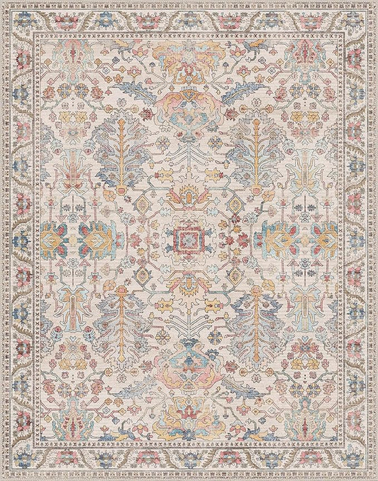 Area Rugs 8x10 Clearance Washable Boho Rug for Bedroom Living Room, Non Slip Thin Low Pile Chenille Carpet for Dining Room,Vintage Farmhouse, Retro Multi