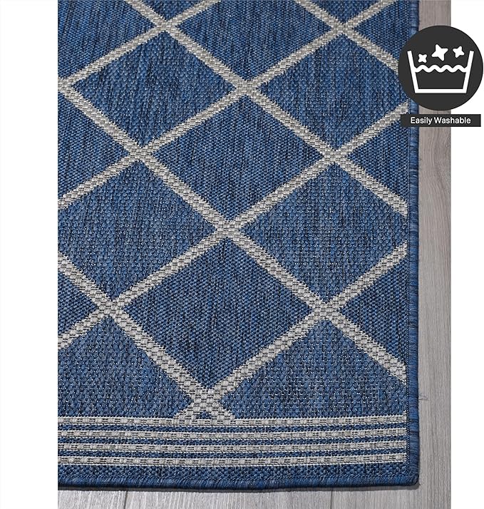 FH Home Flat Woven Outdoor Rug - Waterproof, Easy to Clean, Stain Resistant - Premium Polypropylene Yarn - Moroccan Geometric Lattice - Patio, Porch, Deck, Balcony - Tunis - Blue - 5ft 4in x 7ft 6in