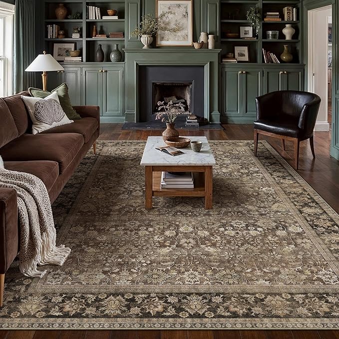 HUGEAR 10x14 Machine Washable Rugs Brown Hallway Large Area Rug Indoor Accent Rug Floral Low Pile Carpet Soft Throw Aesthetic Rug Bedroom Living Room Office Dining Room Kitchen Laundry Room