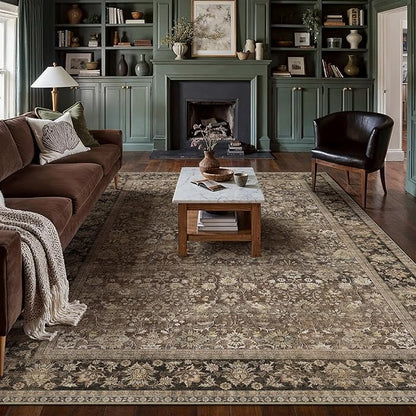 HUGEAR 9x12 Machine Washable Rugs Brown Hallway Large Area Rug Indoor Accent Rug Floral Low Pile Carpet Soft Throw Aesthetic Rug Bedroom Living Room Office Dining Room Kitchen Laundry Room