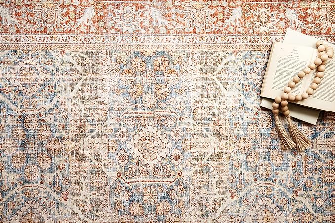 Loloi Layla Collection LAY-04 Ocean/Rust 5'-0" x 7'-6" .13" Thick Area Rug, Soft, Durable, Vintage Inspired, Distressed, Low Pile, Non-Shedding, Easy Clean, Printed, Living Room Rug