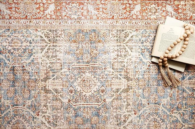 Loloi Layla Collection LAY-04 Ocean/Rust 7'-6" x 9'-6" .13" Thick Area Rug, Soft, Durable, Vintage Inspired, Distressed, Low Pile, Non-Shedding, Easy Clean, Printed, Living Room Rug
