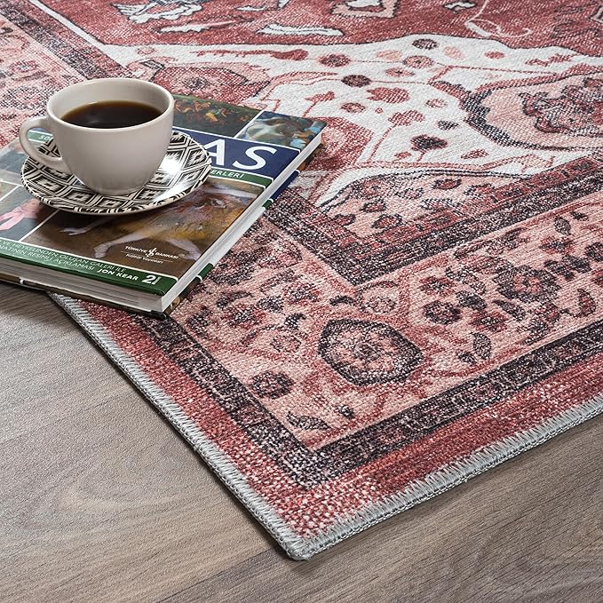 Fame Rugs Turkish Rug. Washable Vintage Oriental Antique Inspired Traditional Doormat Small Modern Area Rugs Luxury Entryway Entry Bedroom Bathroom Kitchen (404RR, 2'5 x 6'9)