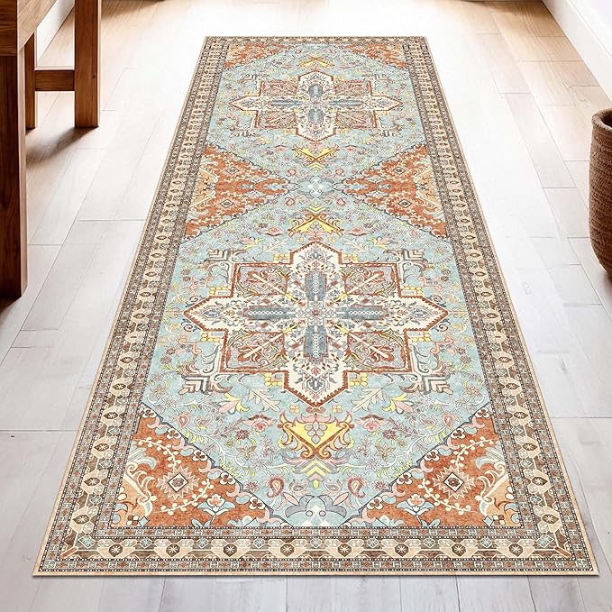 Washable Runner Rug 2x6 | Non Slip Rug Runners for Hallways, Entryways, Kitchens, Bathrooms, Bedrooms | Ultra-Soft Flannel Carpet Runners with Rubber Backing (Light Teal/Rust, 2x6)