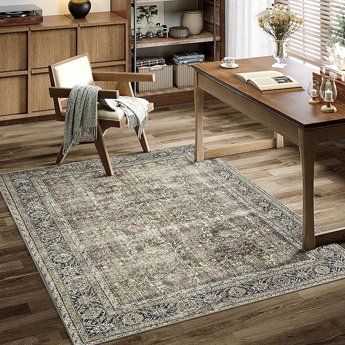 Vintage Area Rug 4x6 Brown Entryway Office Washable Carpet Non Slip Bedroom Indoor Living Room Door Mat Low Pile Traditional Distressed Retro Accent Rug for Dining Room Bathroom Kitchen