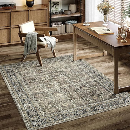 Vintage Area Rug 4x6 Brown Entryway Office Washable Carpet Non Slip Bedroom Indoor Living Room Door Mat Low Pile Traditional Distressed Retro Accent Rug for Dining Room Bathroom Kitchen