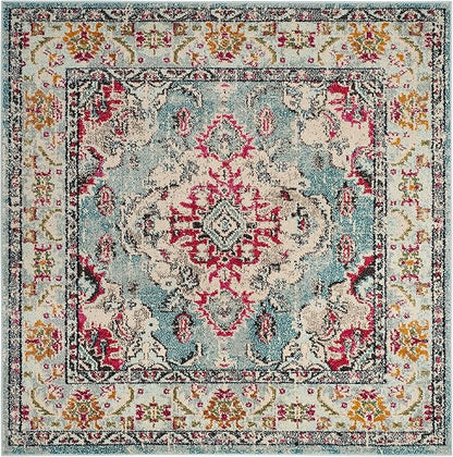 SAFAVIEH Monaco Collection Area Rug - 3' Square, Light Blue & Fuchsia, Boho Chic Medallion Distressed Design, Non-Shedding & Easy Care, Ideal for High Traffic Areas in Living Room, Bedroom (MNC243J)