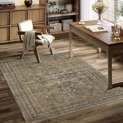 5x7 Brown Black Area Rug for Living Room Washable Vintage Distressed Carpet Bedroom Low Pile Non Slip Indoor Soft Retro Throw Accent Rug Office Kitchen Bathroom Dining Room
