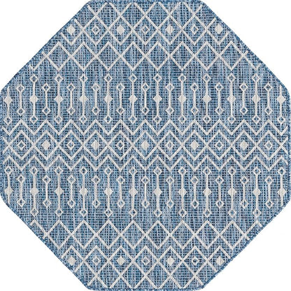 Unique Loom Outdoor Trellis Collection Area Rug - Tribal Trellis (4' 1" Octagon, Blue/ Ivory)