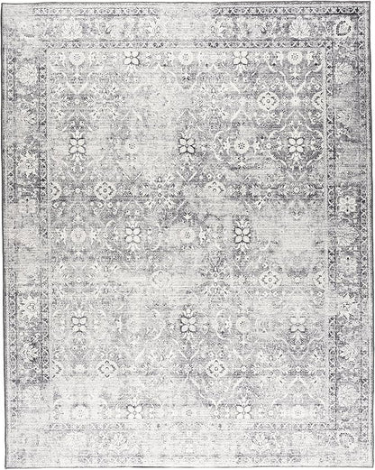 ReaLife Rugs Machine Washable Area Rug - Living Room Bedroom Bathroom Kitchen Entryway Office - Padded Low Pile Stain Resistant Premium - Boho Farmhouse Vintage - Noor - Silver Ivory 5' x 7'