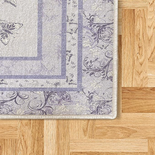 Ambesonne Spring Decorative Rug, Swirling Floral Look Design of Blossoming Flowers and Flying Butterflies, Quality Carpet for Bedroom Dorm and Living Room, 2' 2" x 3' 7", Lavender and Quartz