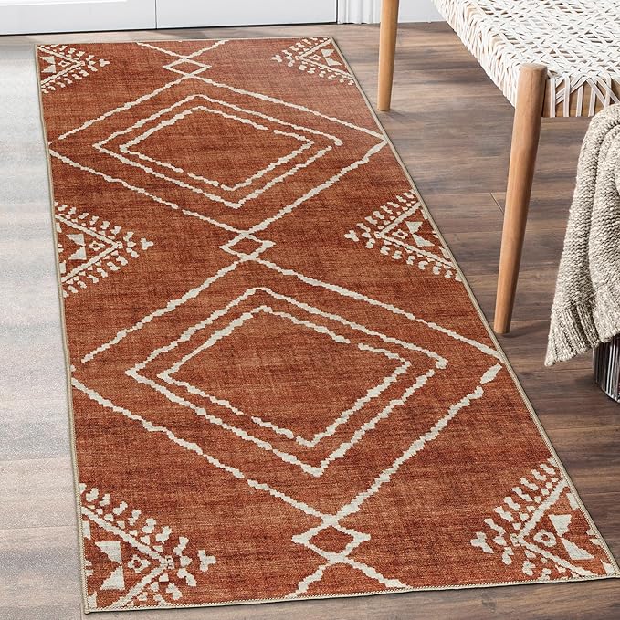 ReaLife Rugs Machine Washable Area Rug Runner - Living Room Bedroom Bathroom Kitchen Entryway Office - Padded Low Pile Stain Resistant Premium - Moroccan Diamond Tribal - Jax - Orange 2'6" x 6'