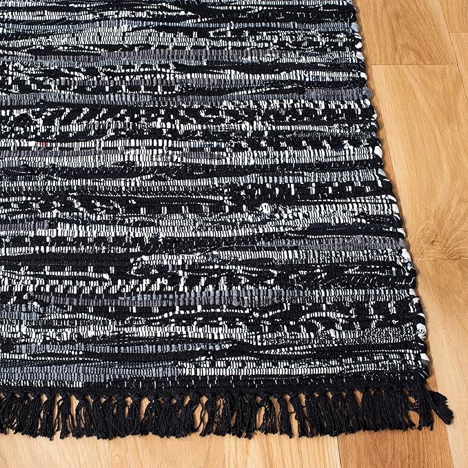 SAFAVIEH Rag Rug Collection Accent Rug - 3' x 5', Black, Handmade Boho Stripe Cotton, Ideal for High Traffic Areas in Entryway, Living Room, Bedroom (RAR121Z)