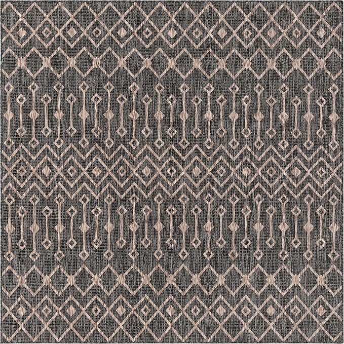 Unique Loom Outdoor Trellis Collection Area Rug - Tribal Trellis (7' 10" Square, Charcoal Gray/ Natural)
