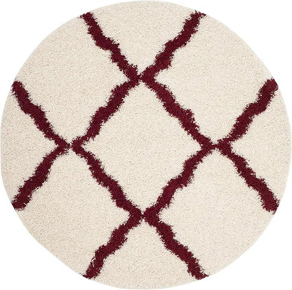 SAFAVIEH Dallas Shag Collection Area Rug - 4' Round, Ivory & Red, Trellis Design, Non-Shedding & Easy Care, 1.5-inch Thick Ideal for High Traffic Areas in Living Room, Bedroom (SGD257R)