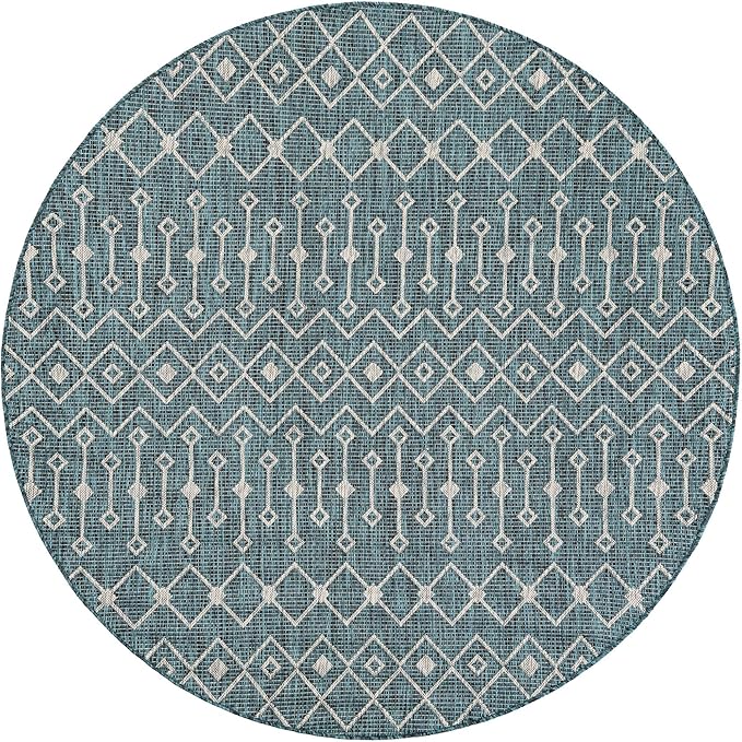 Unique Loom Outdoor Trellis Collection Area Rug - Tribal Trellis (6' 1" Round Teal/Ivory)
