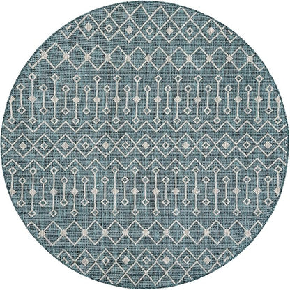 Unique Loom Outdoor Trellis Collection Area Rug - Tribal Trellis (6' 1" Round Teal/Ivory)