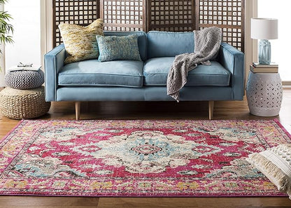 SAFAVIEH Monaco Collection Area Rug - 10' x 14', Pink & Multi, Boho Chic Medallion Distressed Design, Non-Shedding & Easy Care, Ideal for High Traffic Areas in Living Room, Bedroom (MNC243D)
