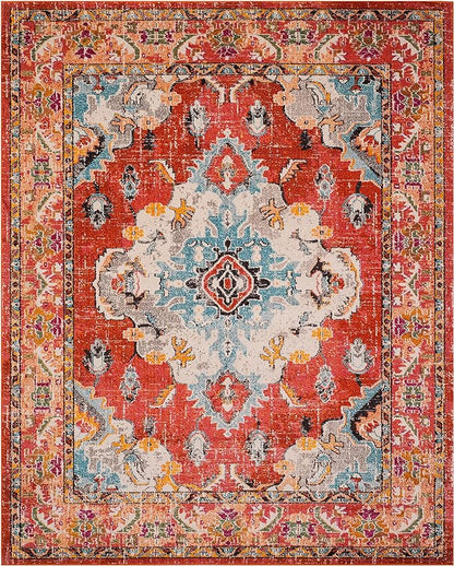 SAFAVIEH Monaco Collection Area Rug - 10' x 14', Orange & Light Blue, Boho Chic Medallion Distressed Design, Non-Shedding & Easy Care, Ideal for High Traffic Areas in Living Room, Bedroom (MNC243H)