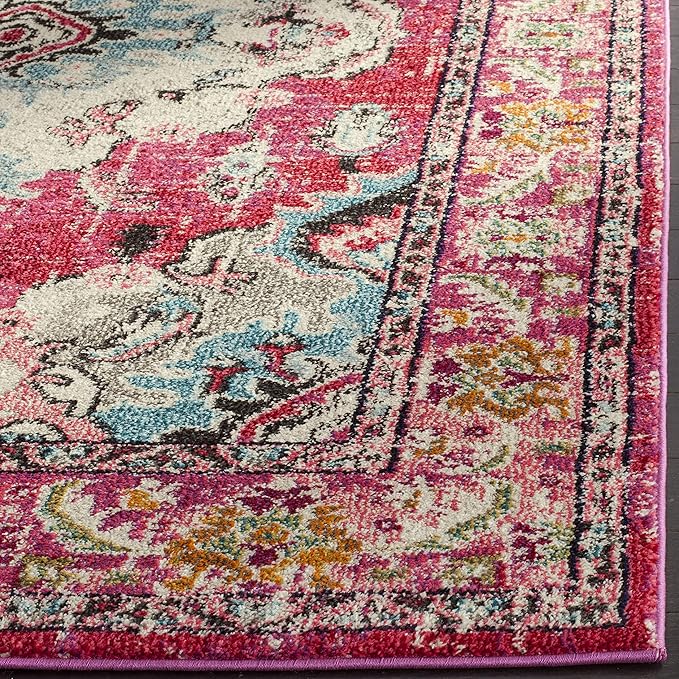 SAFAVIEH Monaco Collection Area Rug - 8'8" Square, Pink & Multi, Boho Chic Medallion Distressed Design, Non-Shedding & Easy Care, Ideal for High Traffic Areas in Living Room, Bedroom (MNC243D)