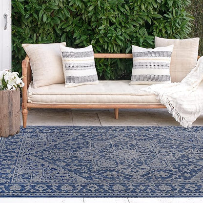 FH Home Flat Woven Outdoor Rug - Waterproof, Easy to Clean, Stain Resistant - Premium Polypropylene Yarn - Vintage - Patio, Deck, Porch,Balcony,Laundry Room - Amol - Blue - 3ft 11 in x 5ft 6in